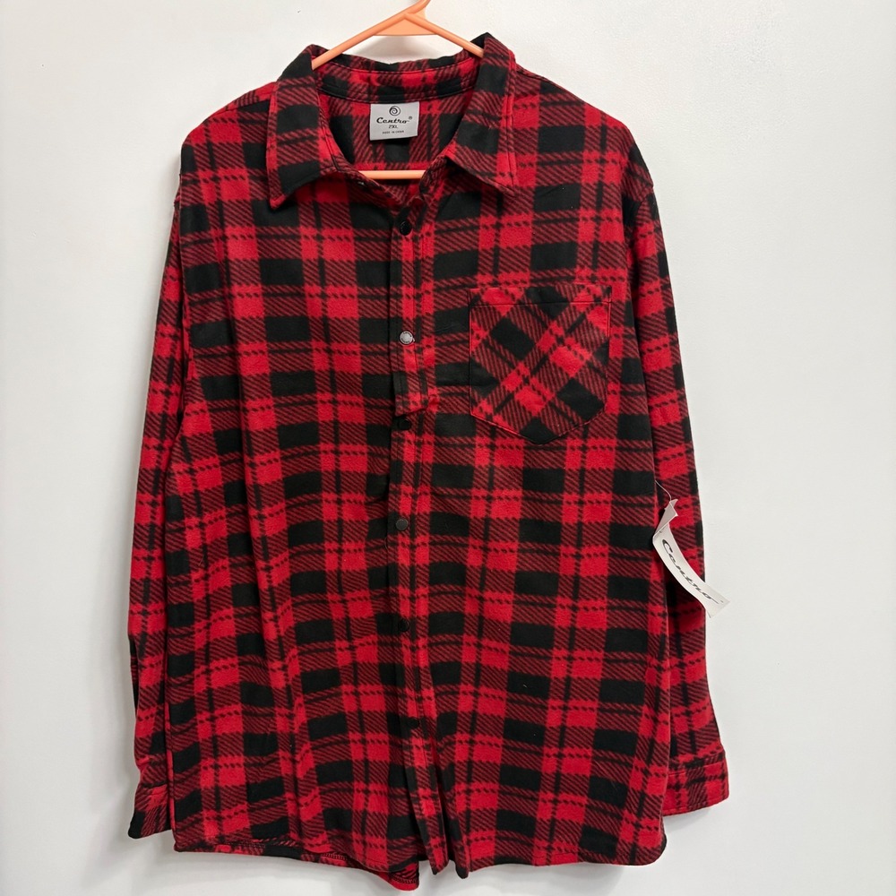 Centro Mens 2XL Red Black Buffalo Plaid Fleece Snap Front Shirt Jacket NEW